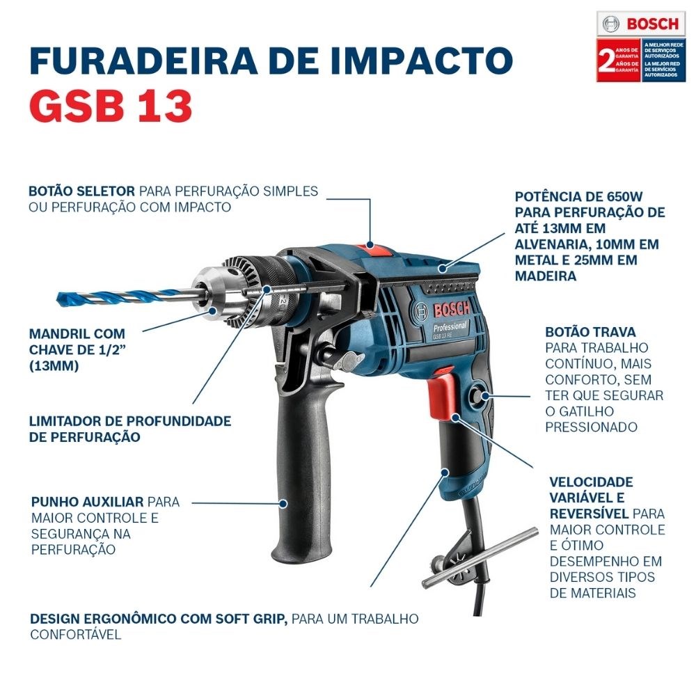 Furadeira De Impacto GSB 13 RE RE 650W 220V+MAL+5BROC Bosch