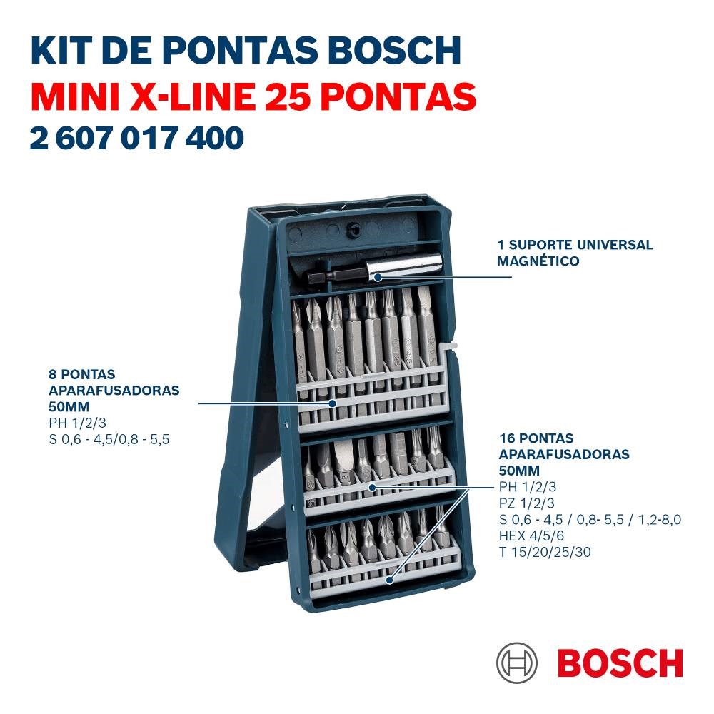 Jogo de Bits Bosch para parafusar Mini X-Line com 25 peças