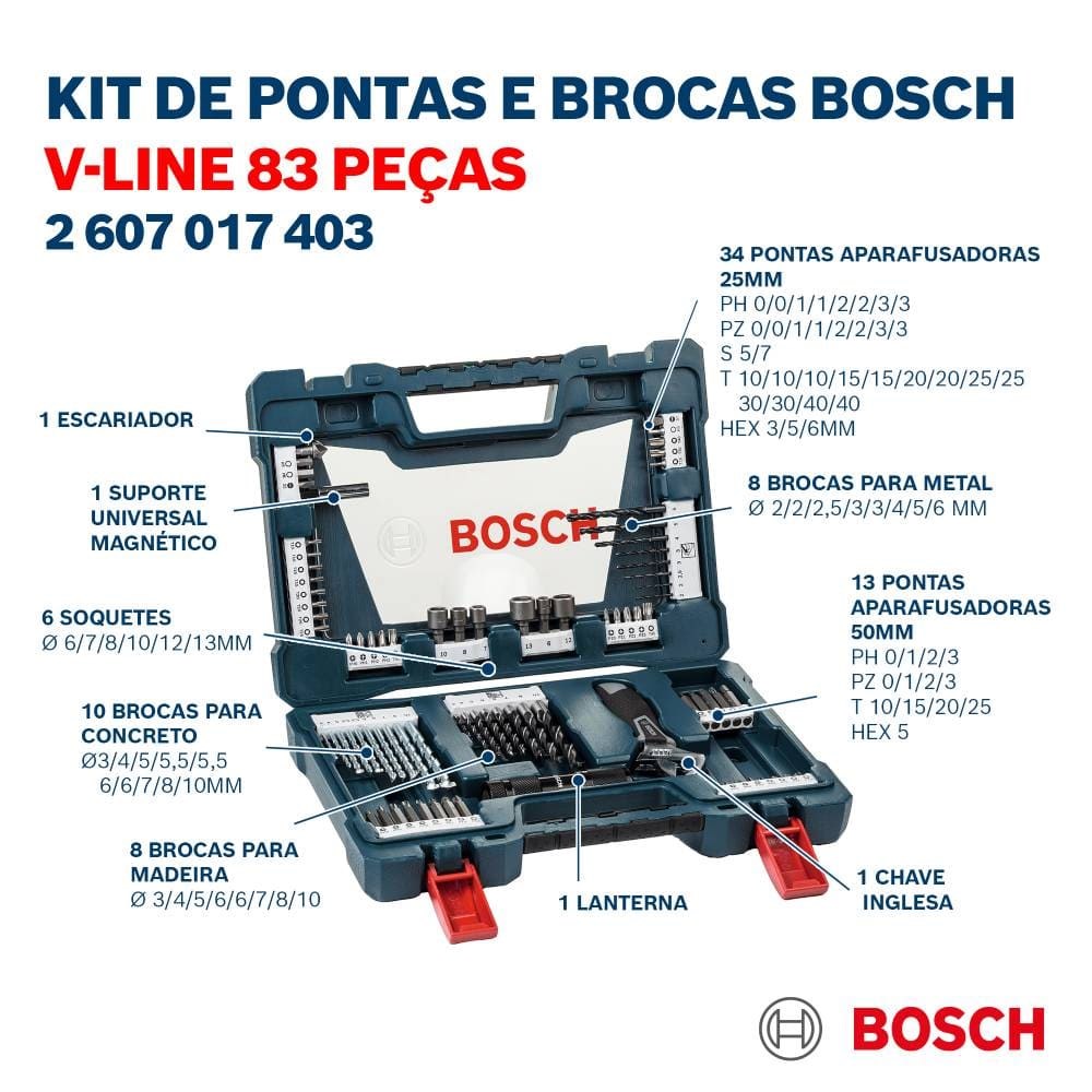 Kit de Pontas e Brocas em Titânio Bosch V-Line 83 peças