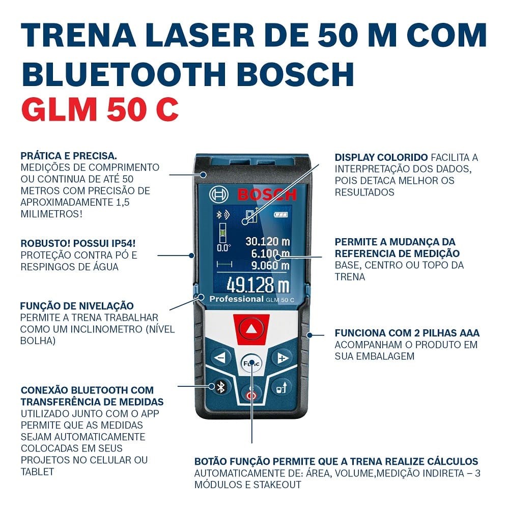 Trena Laser Bosch GLM 50 C 50 Metros Bluetooth Artesana